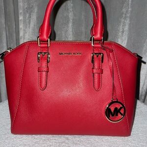 Michael Kors Red  Saffiano Leather Satchel Top Handle Bag W/Gold Hardware